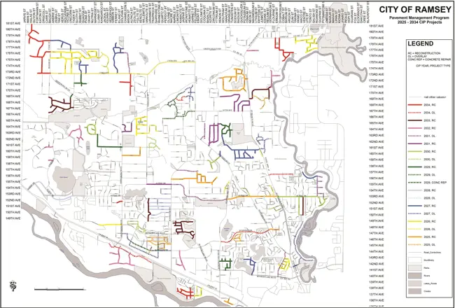 Map of Ramsey that shows the different years of road reconstruction 2026-2035