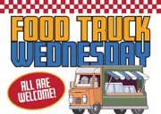 Gingham row at top, Food Truck Wednesday, All Are Welcome in Circle, cartoon food truck
