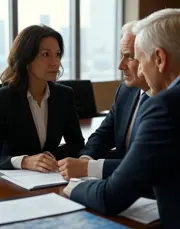 Two men and a woman in business attire sitting at a table