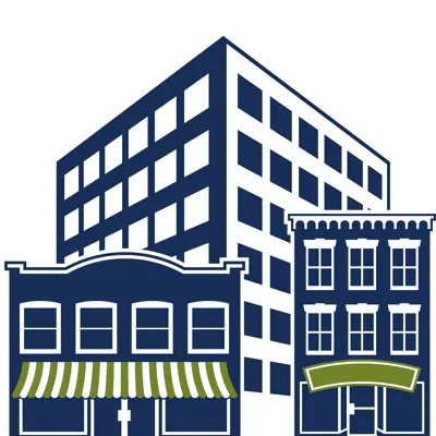 Drawing of a 6 story building, also a store front with awning and three story brick building