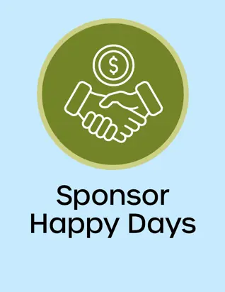 Sponsor Happy days Button, con of a handshake with a dollar sign, opens new window