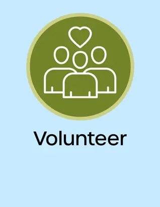 Volunteer button three outlines of a person with a heart over them, opens new window