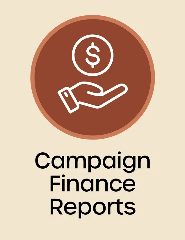 View Campaign Finance reports Icon, open hand with a dollar sign above it, opens in new window