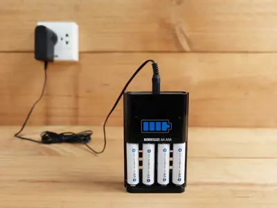 Four double A rechargeable batteries in a charger that plugged into a wall.