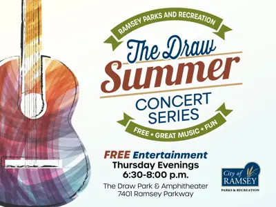 Stylized Guitar on left, words The Draw Summer Concert Series, Free Entertainment Thursdays 6:30 p.m. 