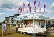 Person ordering at a food truck that has flags on the roof
