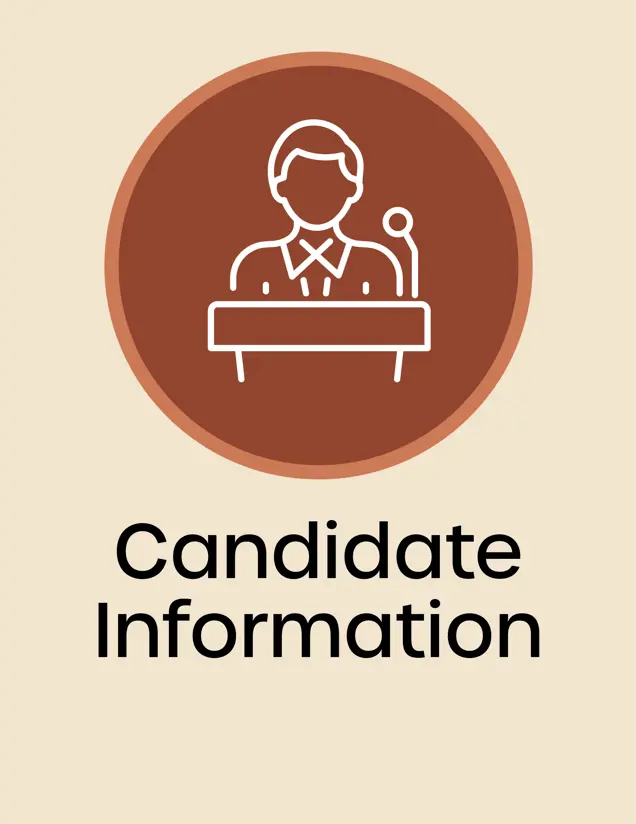 Candidate information icon, outline of a person standing at a podium, opens in new window
