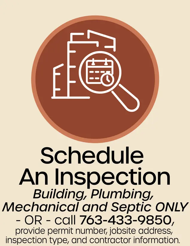 Schedule an Inspection button, building, calendar inside a magnifying glass, opens new window
