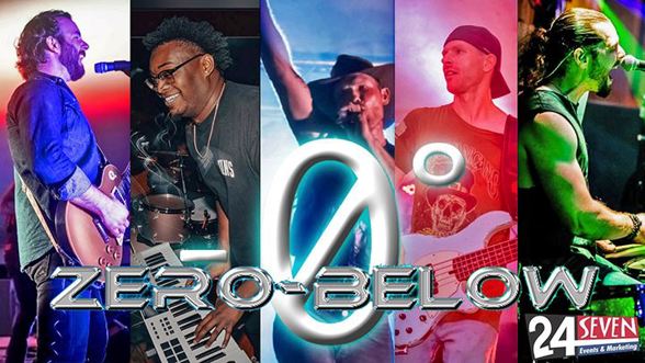 Five vertical panels with male band members playing their instruments, band name Zero Below over it