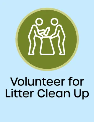 Volunteer for Litter Clean Up button two figures picking up trash, opens new window