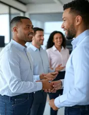 Three men and a woman standing in a circle talking