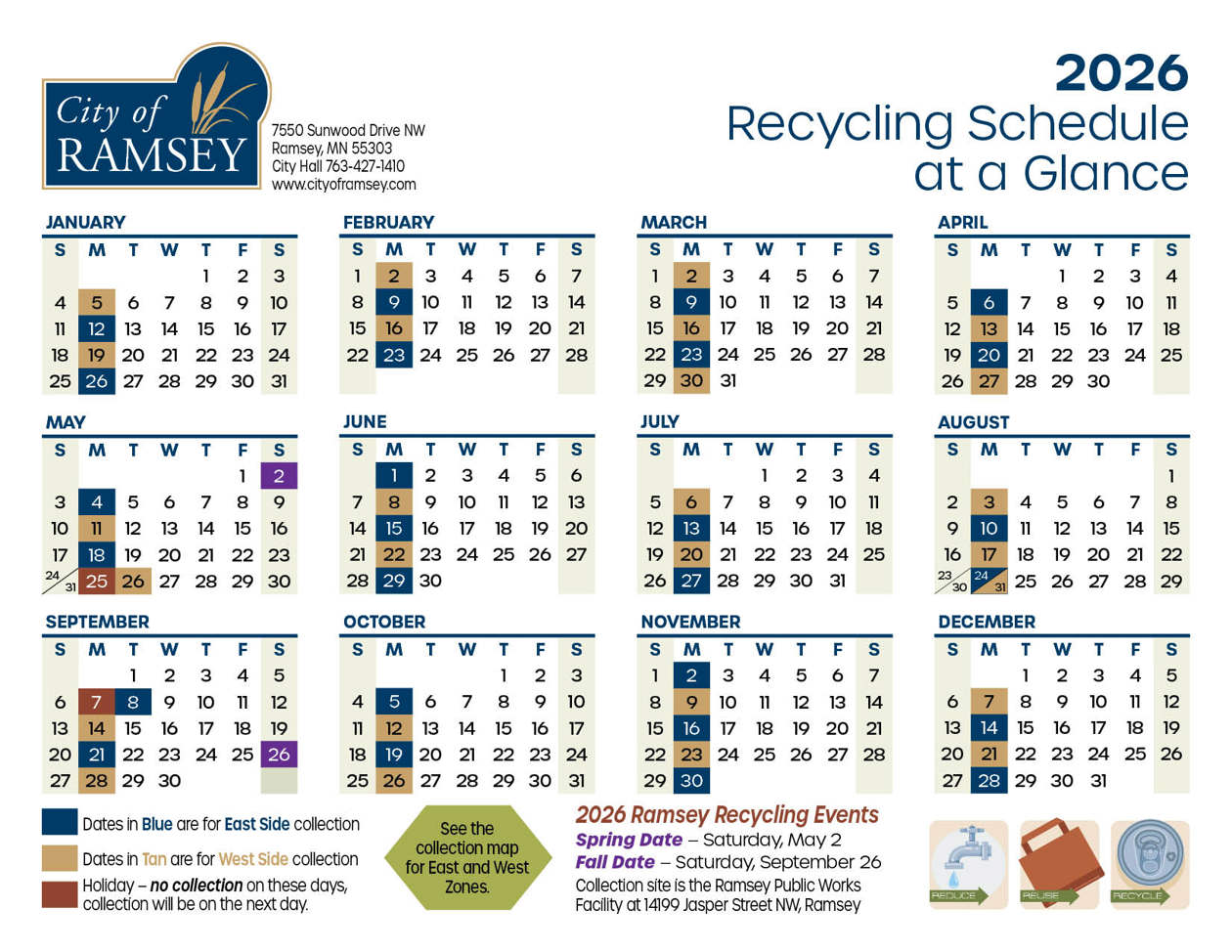 12-month calendar indicating east/west recycling Mondays