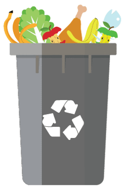 Organics Recycle Bin with fruit, vegetables, fish sticking out the top