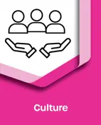 Culture Icon, two hands facing outward, geometric representation of three people