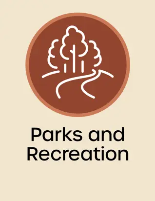 Parks and Recreation icon, outline of trees with a path, opens in new window