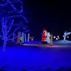 Snow covered yard with trees covered in holiday lights and inflatable Santa and snowman