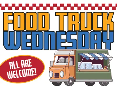 Words Food Truck Wednesday, All are welcome, lower right Food truck drawing